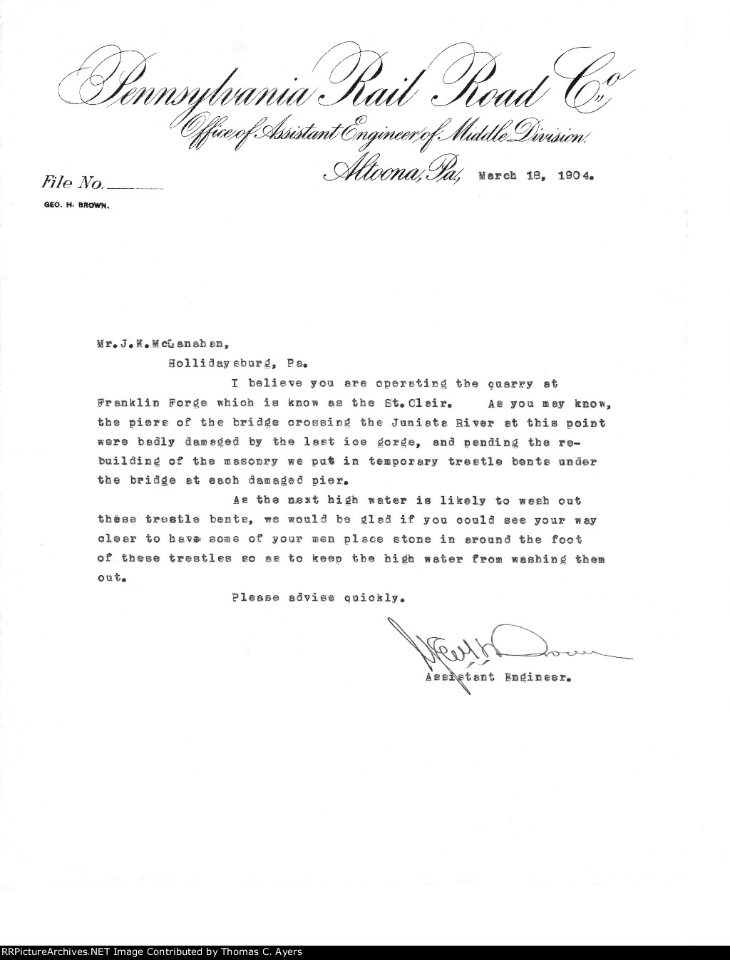 PRR Assistant Engineer Letter, 1904